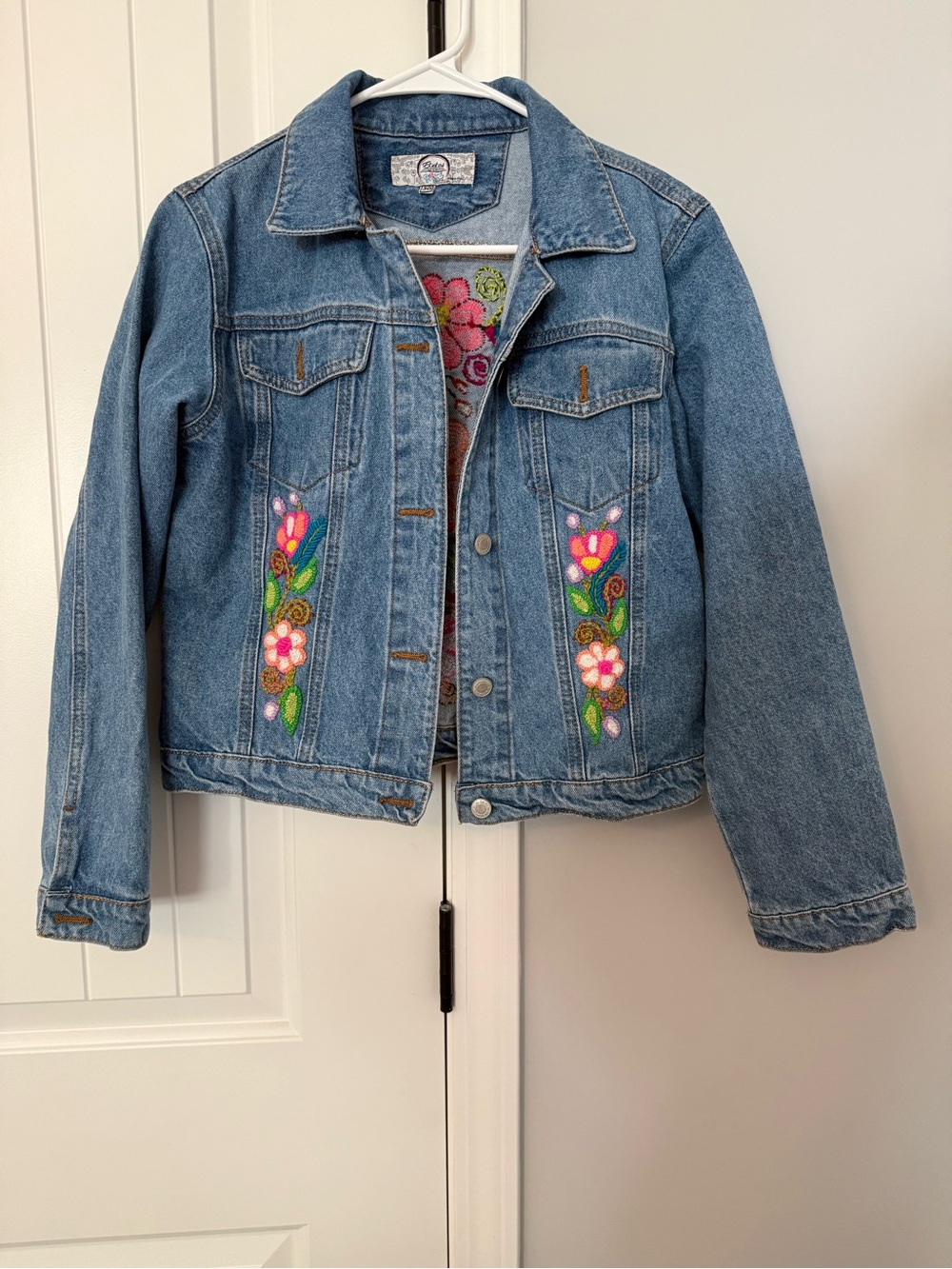 Women’s Peruvian Boho Embroidered Floral Denim Jacket - Size 30 (S)